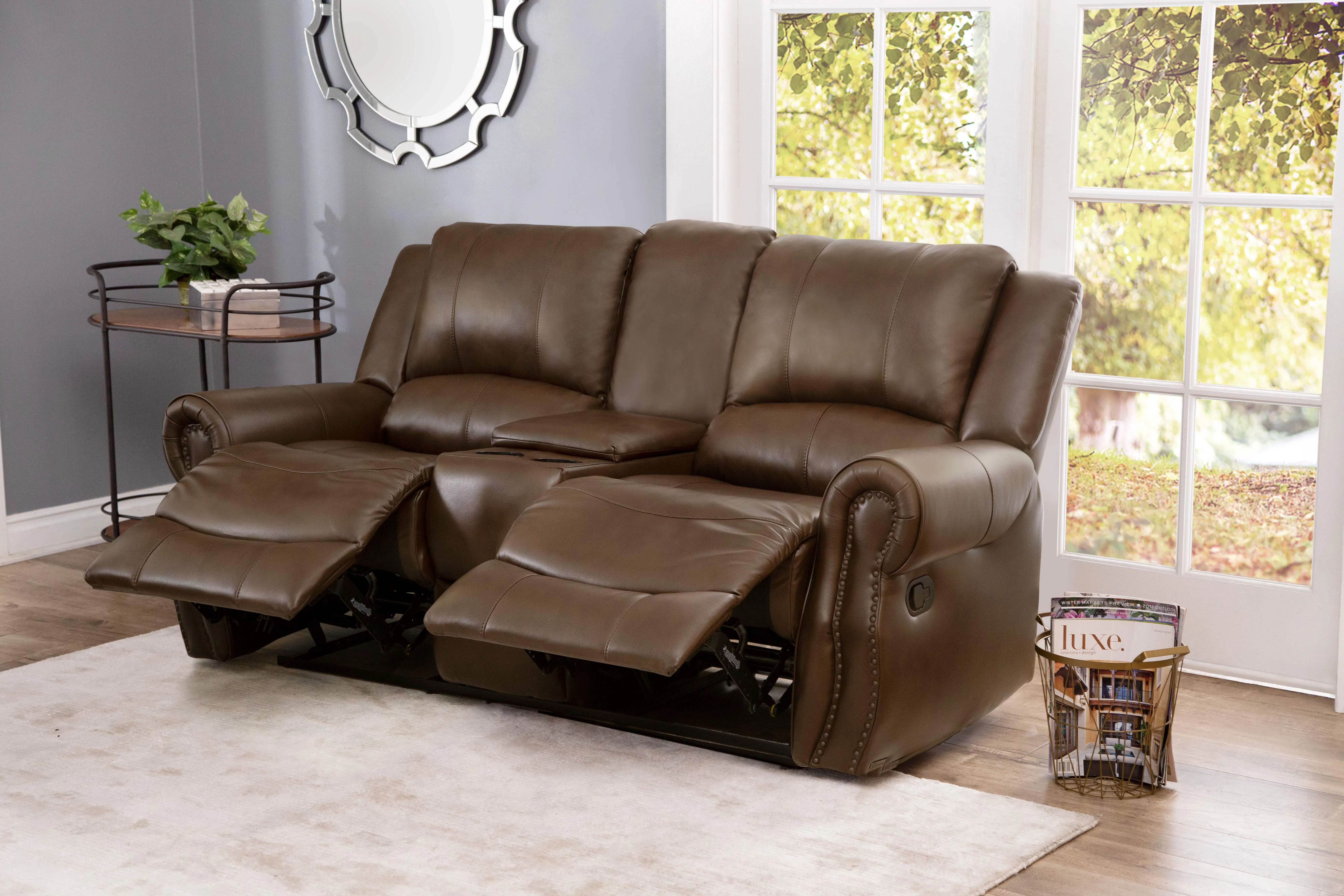 Devon and Claire Kanan Mesa Camel Reclining Console Leather Loveseat