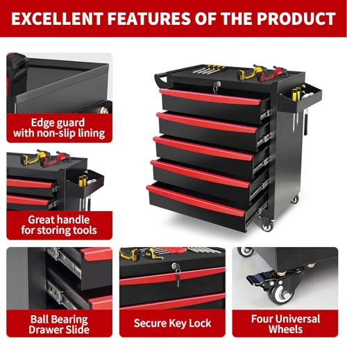 Rolling Tool Chest, Metal Tool Box with 5 Drawers