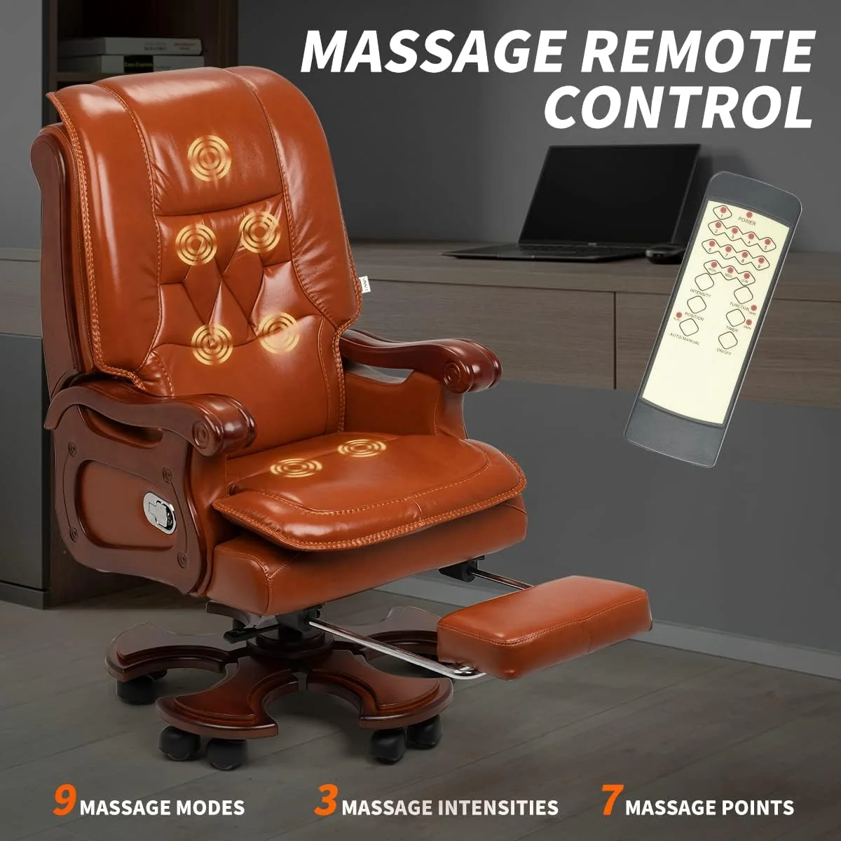 Kinnls Evan Massage Office Chair with Footrest Genuine Leather Vintage Managerial Executive Chair Fully Reclining with Solid Wood Handrail