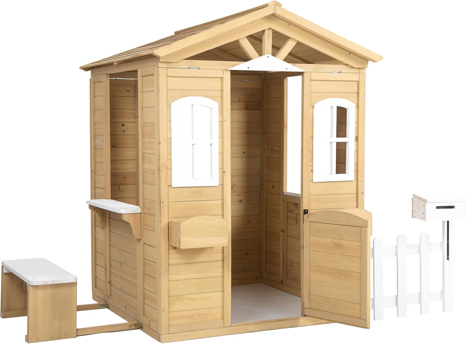 Outdoor Playhouse, Wooden Playhouse with Working Door, Windows, Mailbox, Bench, Flowers Pot Holder