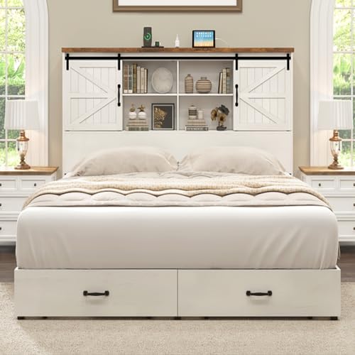 HOWE King Size Bed Frame, Wood Platform Bed Frame with 51.2" Bookcase Headboard, Storage Bed with Sliding Barn Door Charging Station 2 Drawers