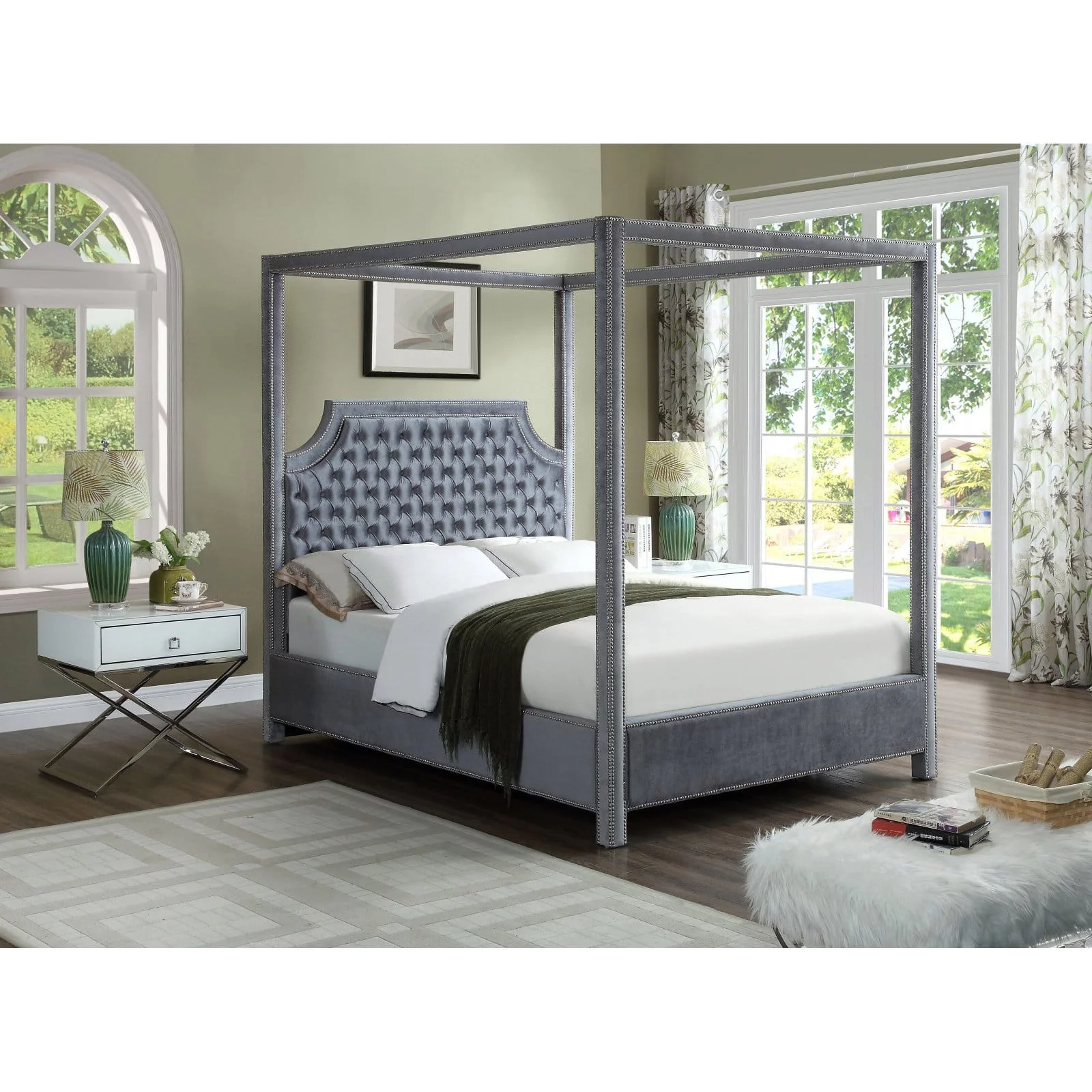 Meridian Furniture Inc Rowan Tufted Canopy Bed with Nailhead Trim