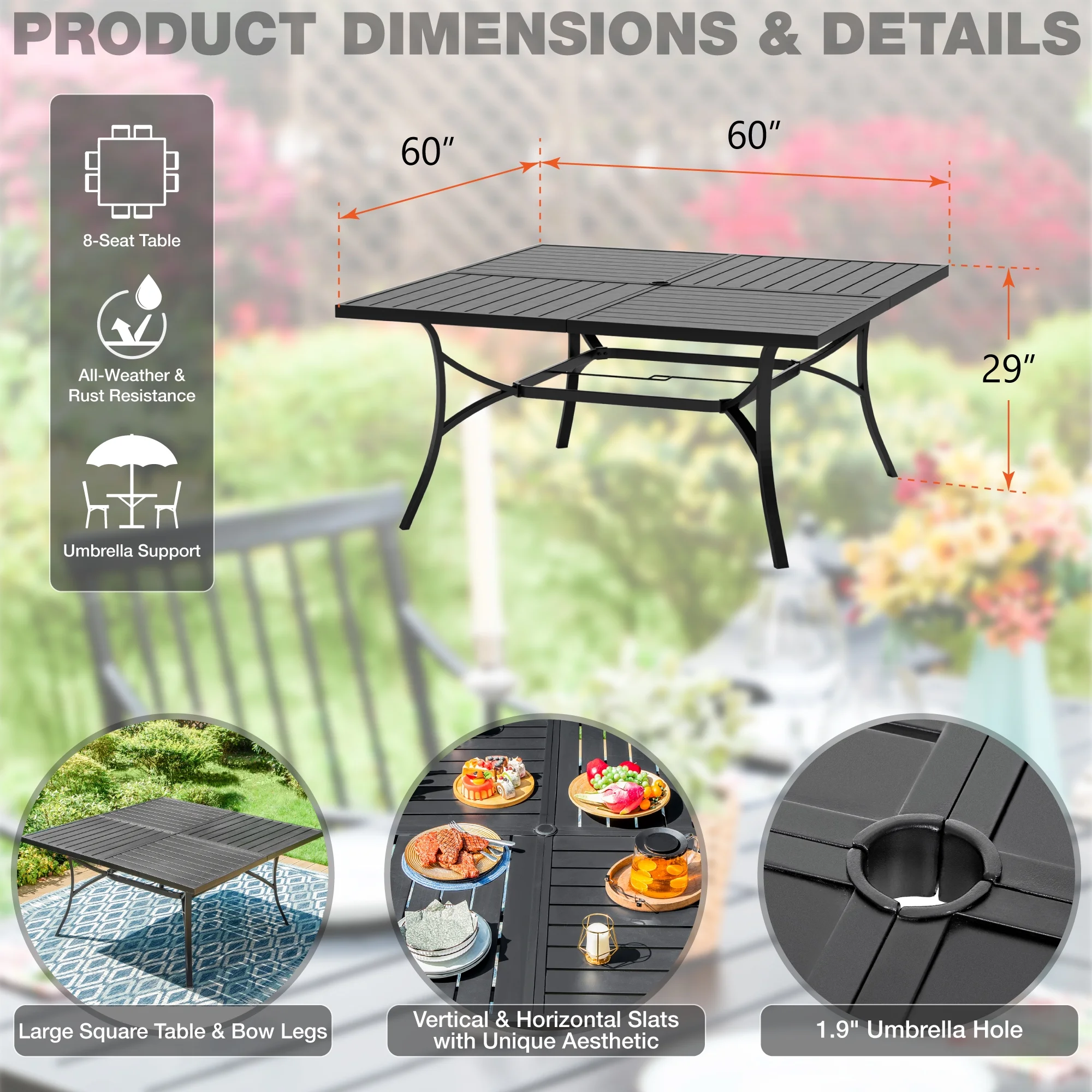 Summit Living 9-Piece Outdoor Dining Set with 8-Seat Table & Swivel Cushioned Chairs with, All-Weather Metal Furniture, Black & Beige
