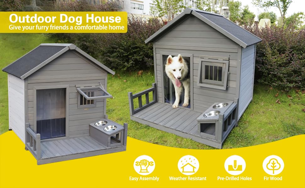 Outdoor Wooden Dog House,Waterproof Kennel with Deck and Sloped Roof,High Stability Pet Dog Cage for Small/Medium Puppy
