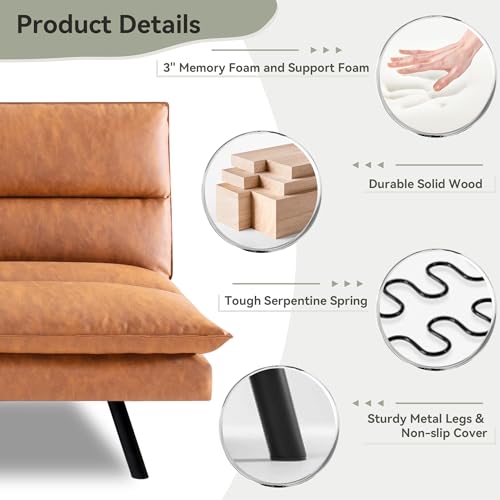 71" Convertible Futon Sofa,Faux Leather Futon Couch Bed,Sleeper Sofa Bed,Memory Foam Modern Folding Small Loveseat for Living Room,Office,Apartment
