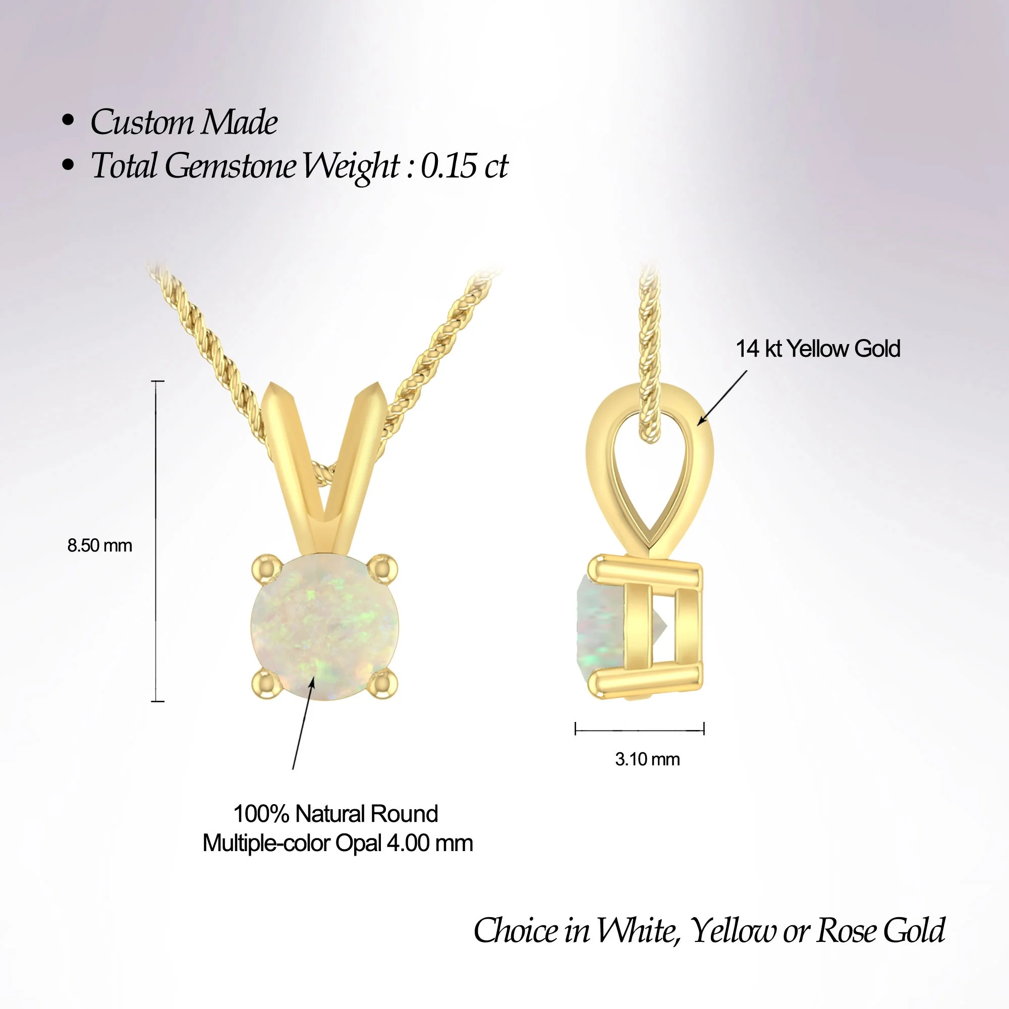 1/4 Carat Round Opal 14K Yellow Gold V-bail Solitaire Pendant Necklace For Women ( Gemstone 4.00MM )