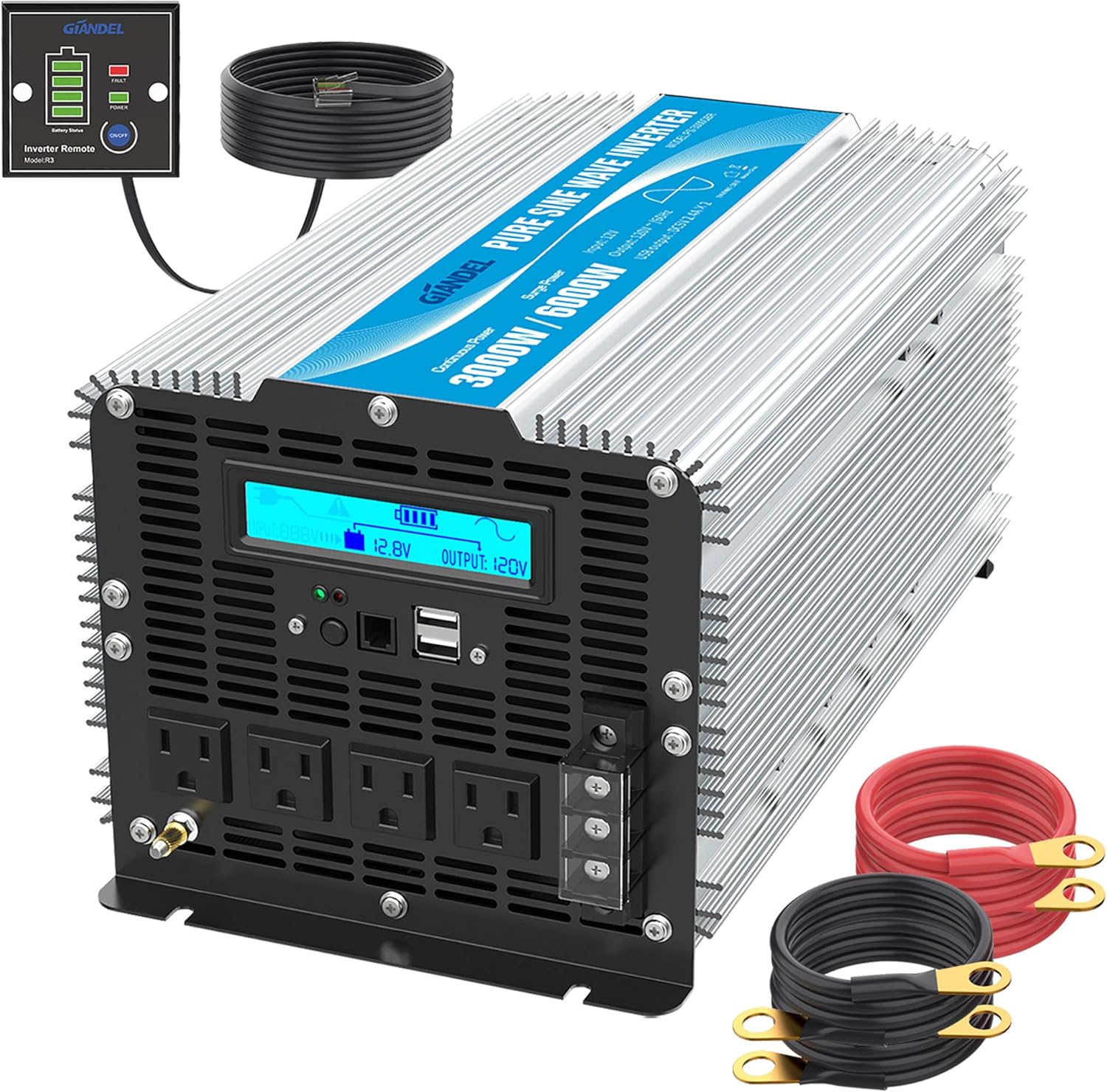 24V Pure Sine Wave Power Inverter 3000Watt DC 24V to AC120V with Dual AC Outlets with Remote Control 2.4A USB and LED Display