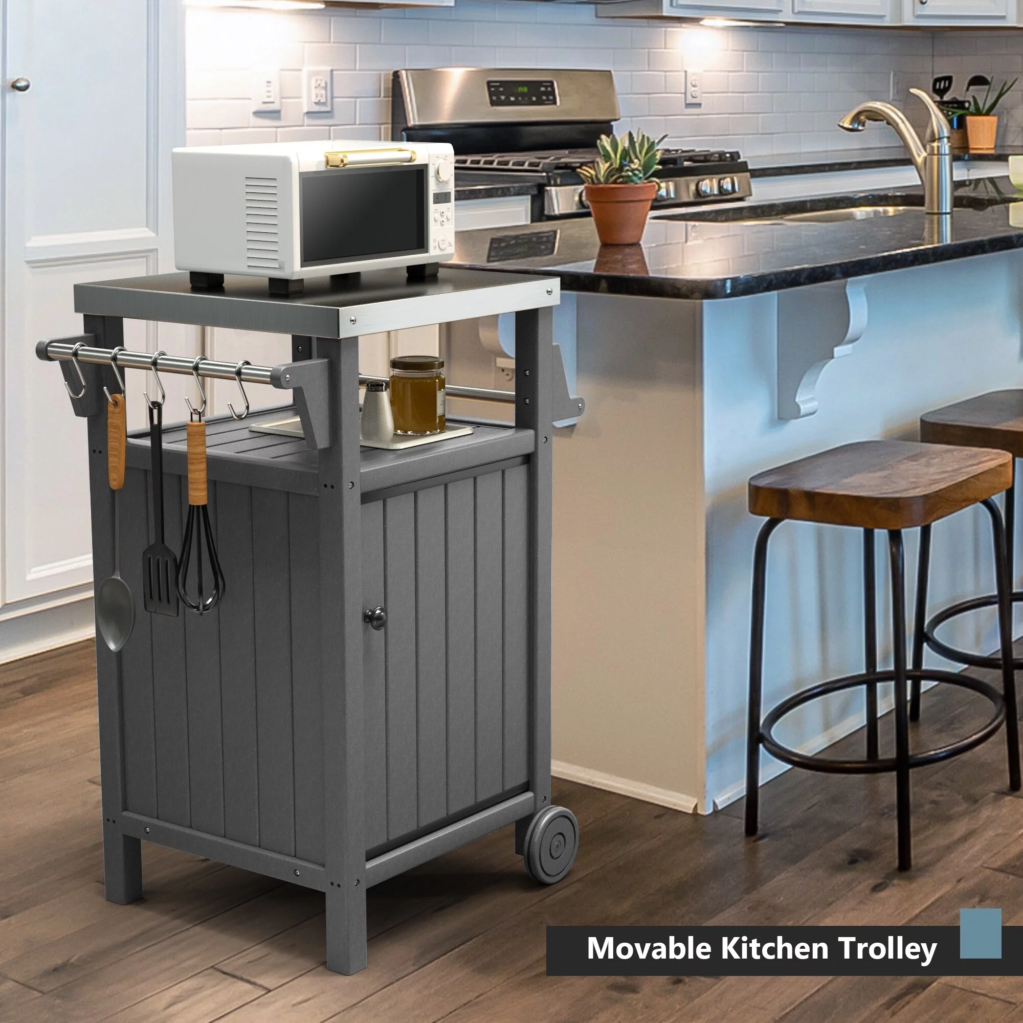Barbecue/Grill Side Table Trolley, Outdoor Prep Dining Table Serving Cart with 304 Stainless Steel Top-HDPE Grey