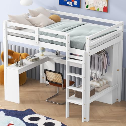 SOFTSEA Full Size Loft Bed with Desk & Wardrobe, Wood Loft Bunk Bed with Storage Shelves and Cabinets