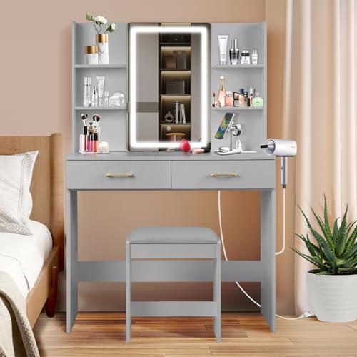 Vanity Set with Lights and Stool, Vanity Desk with Mirror and Lights，Vanity Power Outlet,Vanity Desk with Drawers