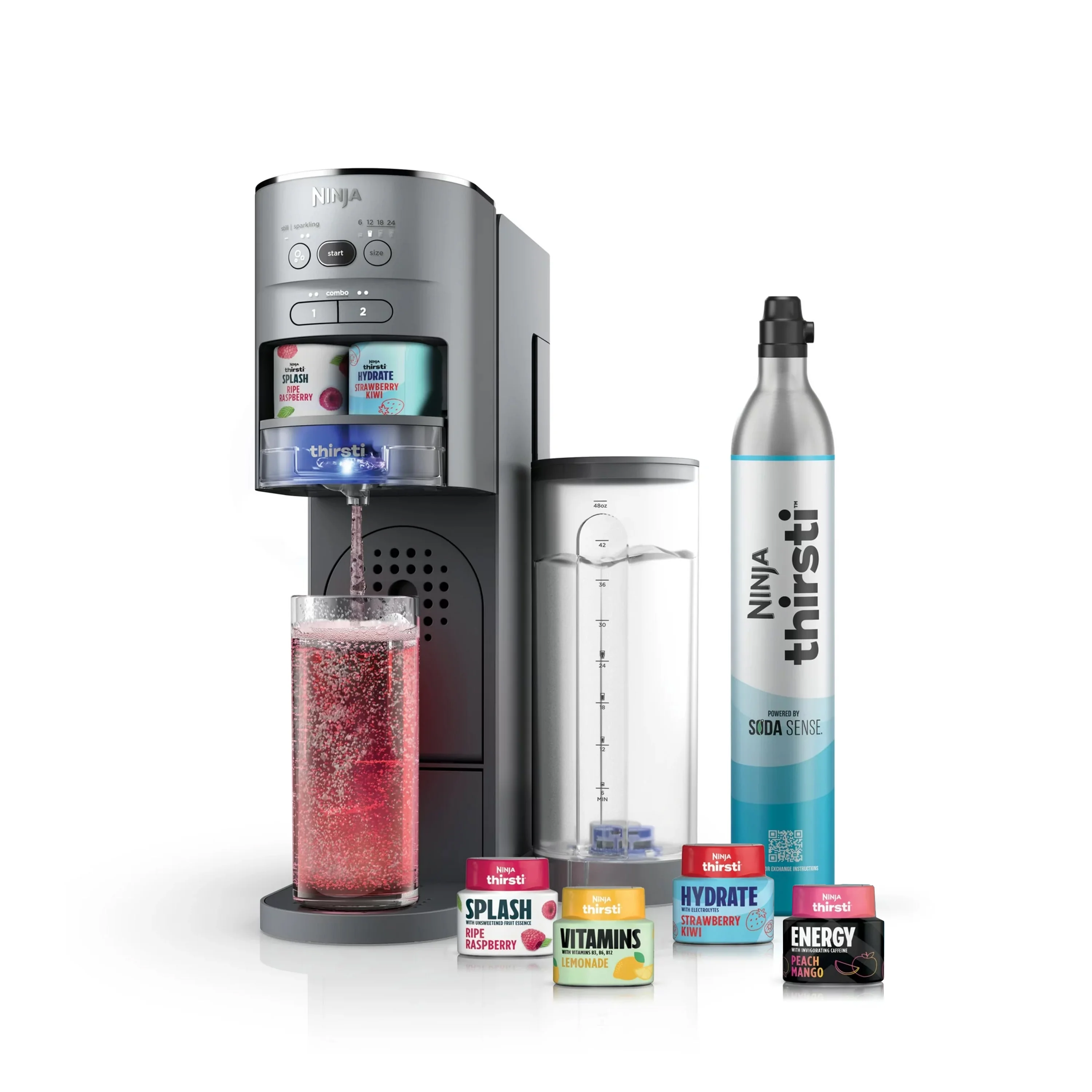 Ninja Thirsti Drink System Complete Still and Sparkling Customization Drink Kit with CO2 Canister, Flavors, and 48oz Reservoir, WC1000, Gray