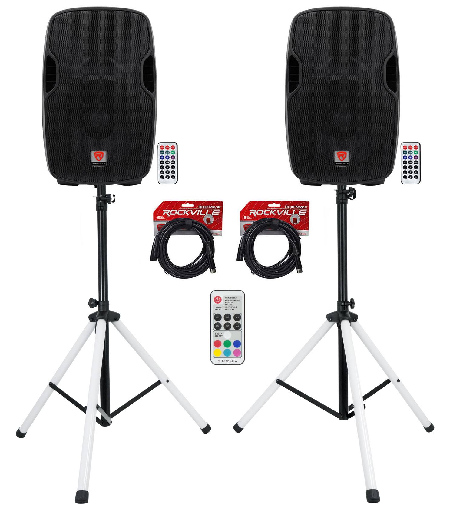 (2) Rockville BPA15 15 inch Powered 800W DJ PA Speakers wBluetooth+LED Stands+Cables