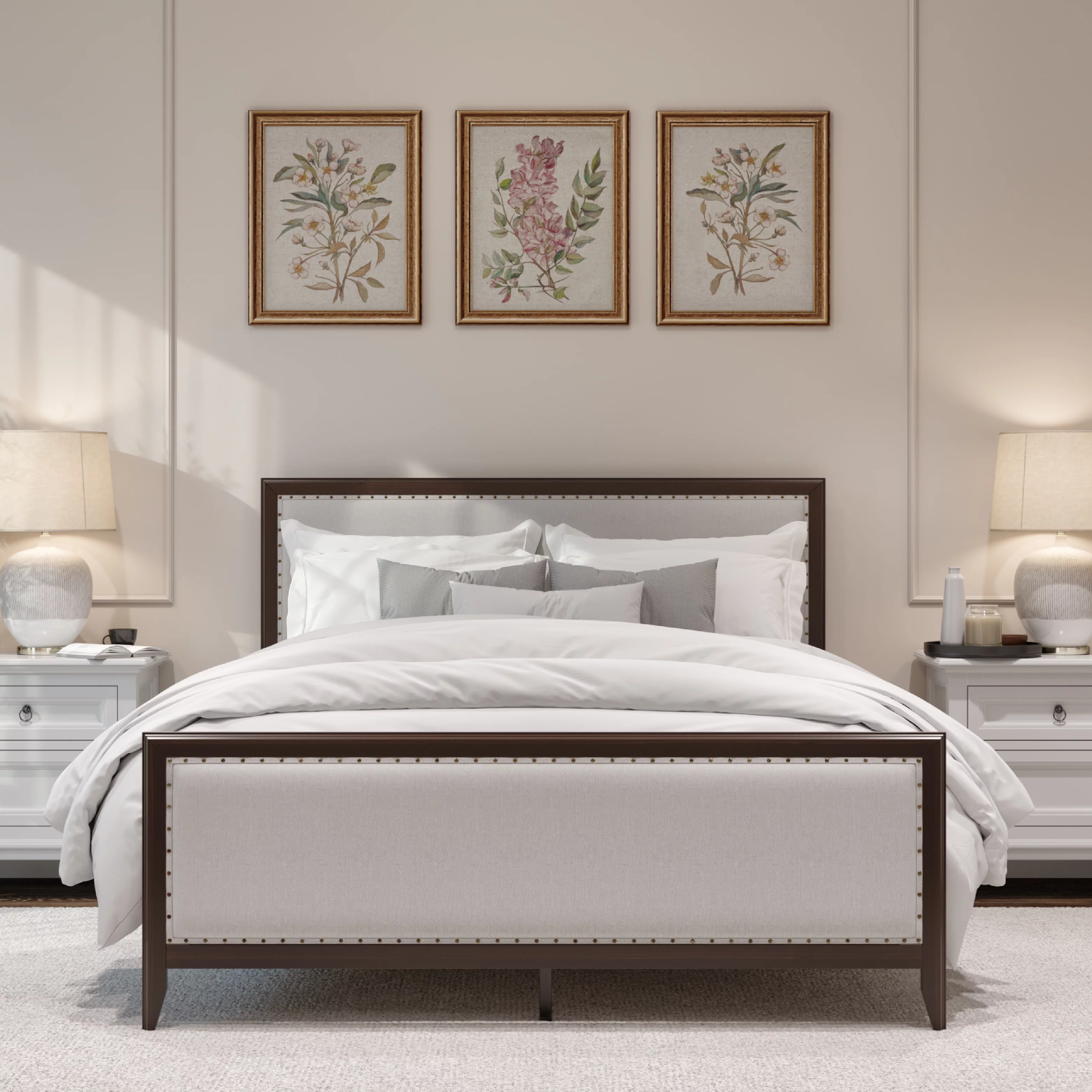 DG Casa Salerno Upholstered Wood Platform Bed Frame with Nailhead Trim Adjustable Height Headboard and Full Wooden Slats Box Spring Not Required