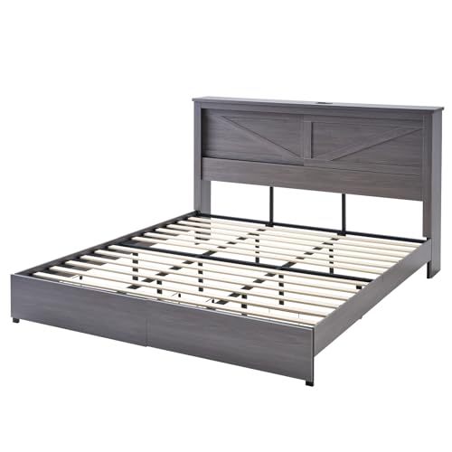 AMERLIFE 47.2" H King Bed Frame with Hidden Space Bookcase Headboard and Charging Station, Beds with 2 Storage Drawers and Wood Slats