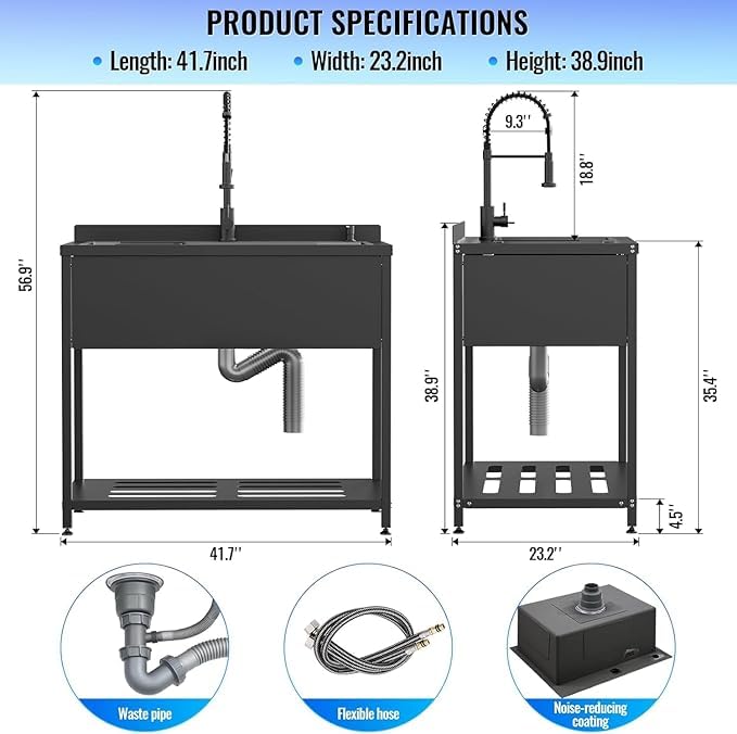 Stainless Steel Utility Sink, 30.8" × 22" × 39.5"Freestanding Sink with Cold and Hot Water Faucet,Hoses and Drain Kit for Kitchens, Bathrooms, Garage