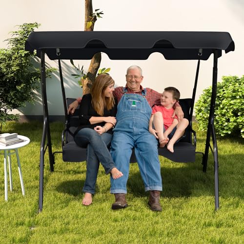 Tangkula 3 Person Porch Swing, Patio with Removable Cushion & Powder-Coated Steel Frame, Outdoor Swing with Canopy for Porch, Backyard, Garden