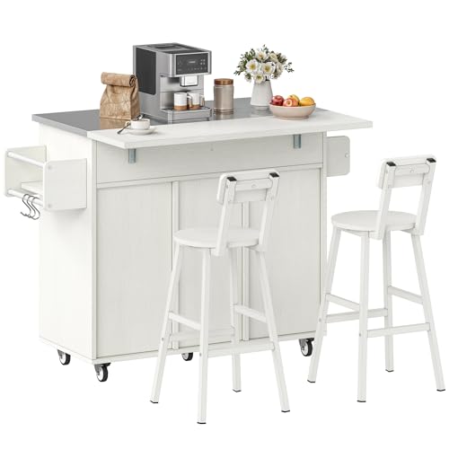 DWVO Kitchen Island on Wheels, Mobile Kitchen Island Cart with Folding Drop Leaf Breakfast Bar, Island Table for Kitchen with Large Storage Cabinets