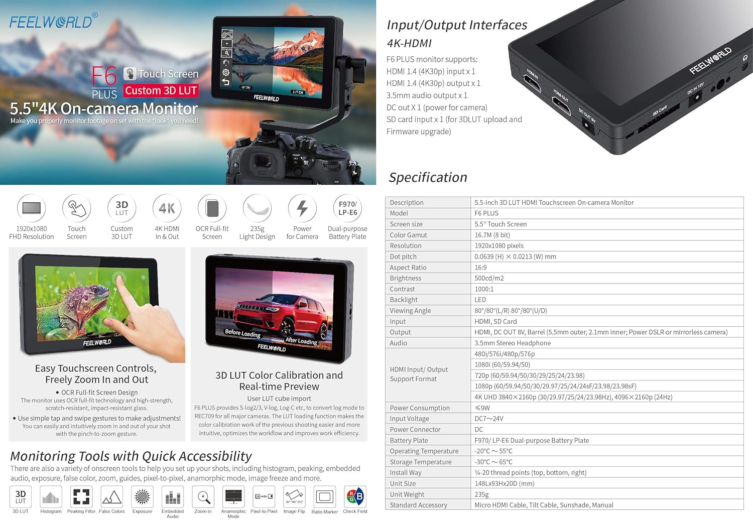 Feelworld F6 Plus 5.5 Inch 3D LUT Touch Screen 4K HDMI Field Monitor with Histogram, Peaking, Embedded Audio, Exposure, False Color, Zoom