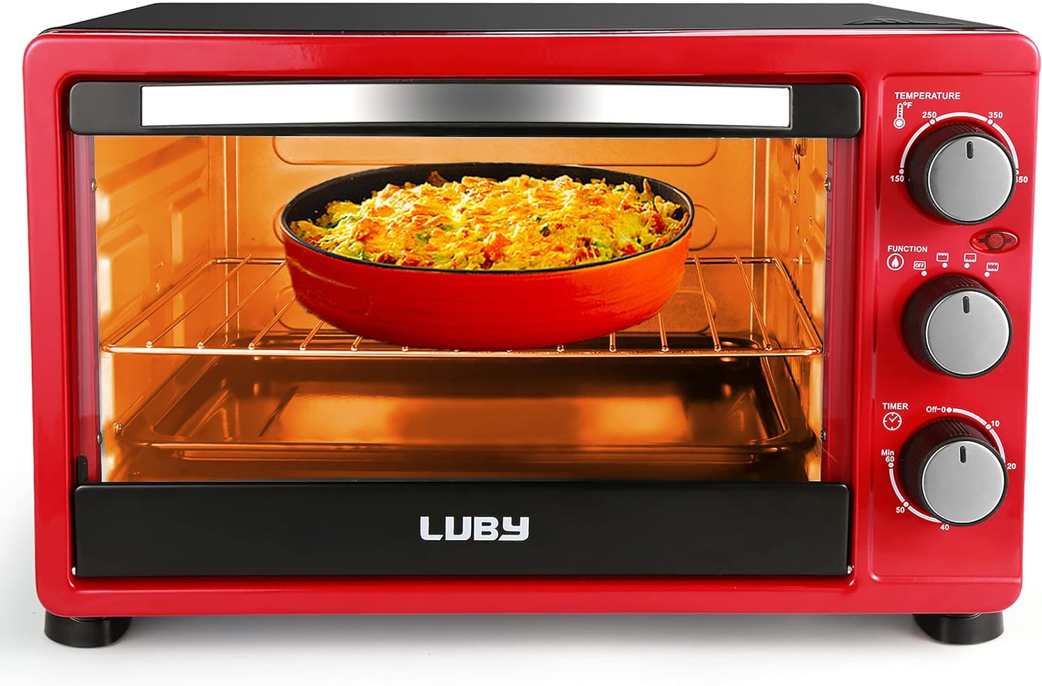 LUBY Convection Toaster Oven with Timer, Toast, Broil Settings, Includes Baking Pan, Rack and Crumb Tray, 6-Slice, Red Pack of 2