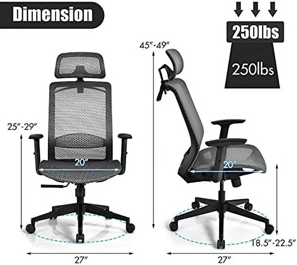 TJUNBOLIFE Ergonomic Mesh Office Chair  Swivel Executive Chair with Reclining High Backrest  Rotatable Headrest  Clothes Hanger and Lumbar Support