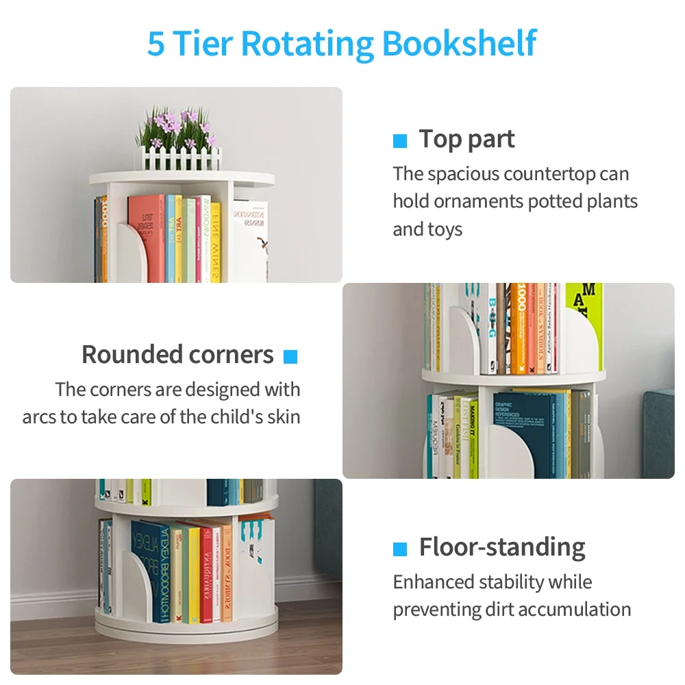 bimiti 5 Tier Rotating Bookshelf, 360° Revolving Bookcase 20 Shelves Floor-Standing Storage Display Rack - White 63"x18"x18"