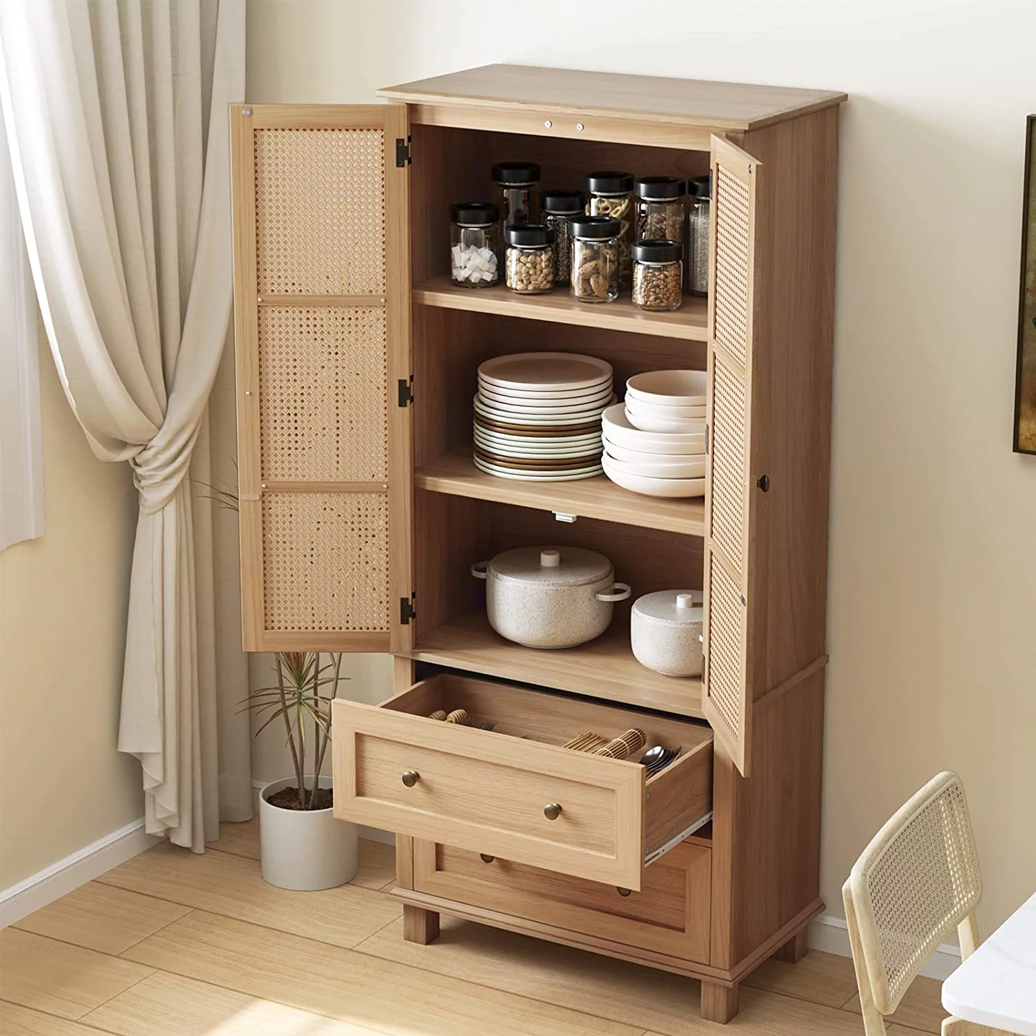 Kitchen Pantry Storage Cabinet, Tall Cabinet with Rattan Doors and 2 Drawers, Freestanding Cupboard with Adjustable Shelves