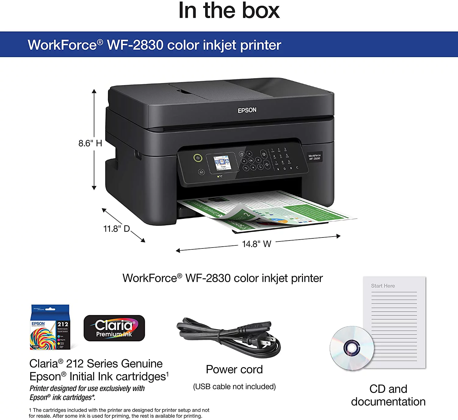Epson Workforce WF-2830 All-in-One Wireless Color Printer with Scanner, Copier and Fax