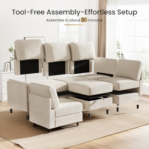 KKL Modular Sectional Sofa Bed with Storage Ottoman, Convertible L/U-Shaped Sleeper Couch for Living Room, Modern Reversible Design, Beige