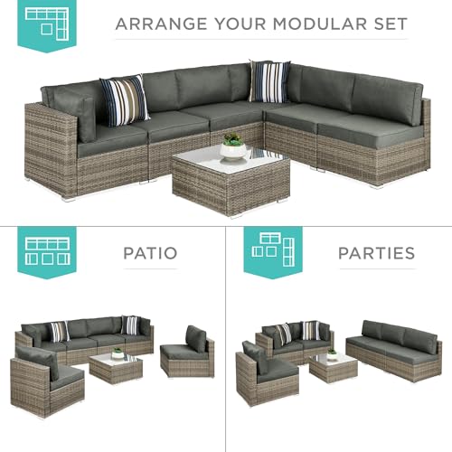 Best Choice Products 7-Piece Modular Outdoor Sectional Wicker Patio Conversation Set w/ 2 Pillows, Coffee Table, Cover Included - Gray/Navy