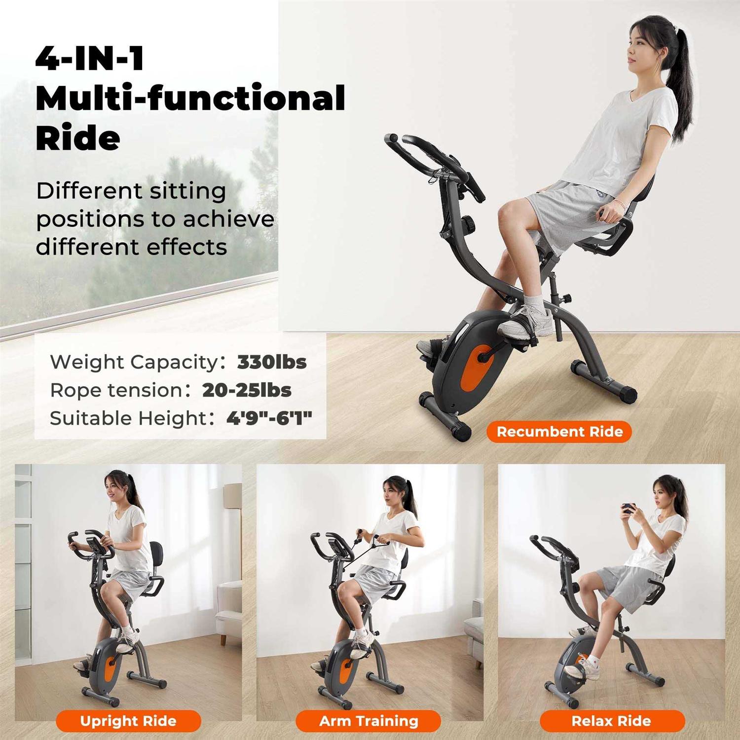 Folding Exercise Bike Stationary Recumbent 3-in-1 Exercise Bike Portable Magnetic with Adjustable Arm Resistance Bands and LCD Monitor and Pulse Grip
