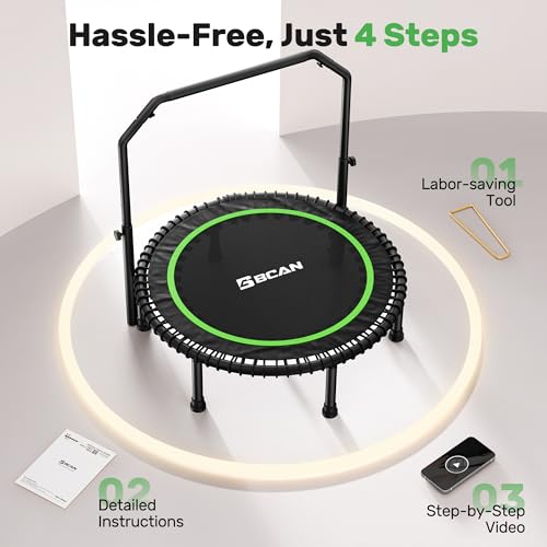 BCAN 450/550 LBS Foldable Mini Trampoline, 40"/48" Fitness Trampoline with Bungees, U Shape Adjustable Foam Handle