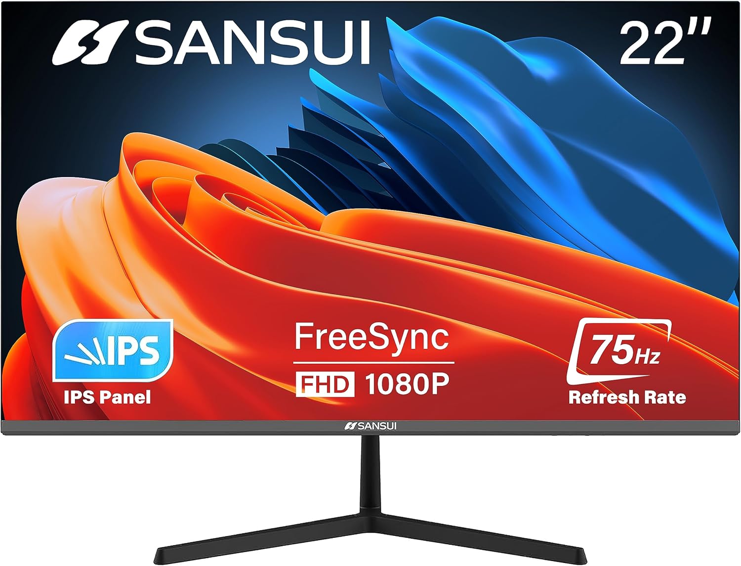 Simple Deluxe Monitor 22 Inch IPS 75Hz FHD 1080P HDMI VGA Ports Computer Monitor Ultra-Thin Tilt Adjustable VESA Mount Compatible with Eye Comfort