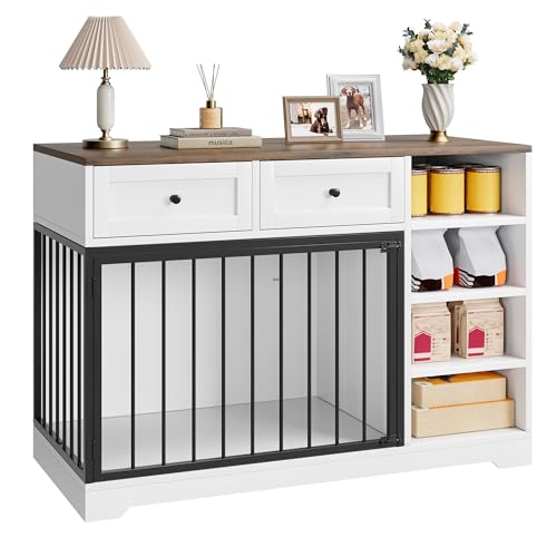 IDEALHOUSE 47” Large Dog Crate, Dog Kennel Indoor with 2 Drawers and 4 Shelves, Dog Crate Furniture TV Stand, Wooden Dog Cage for Medium Large Dogs