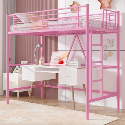 VECELO Loft Bed Twin Size, Metal Bedframe with Removable Ladder and Safety Guardrail, No Box Spring Needed, Space Saving, Noise Free, Pink