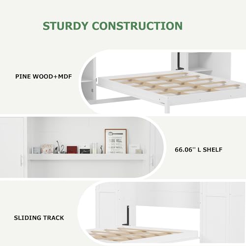 Polib Full Size Murphy Bed with Two Wardrobes and Storage Shelf, Space-Saving Wall Cabinet Bed with Foldable Platform Bedframe for Small Bedrooms