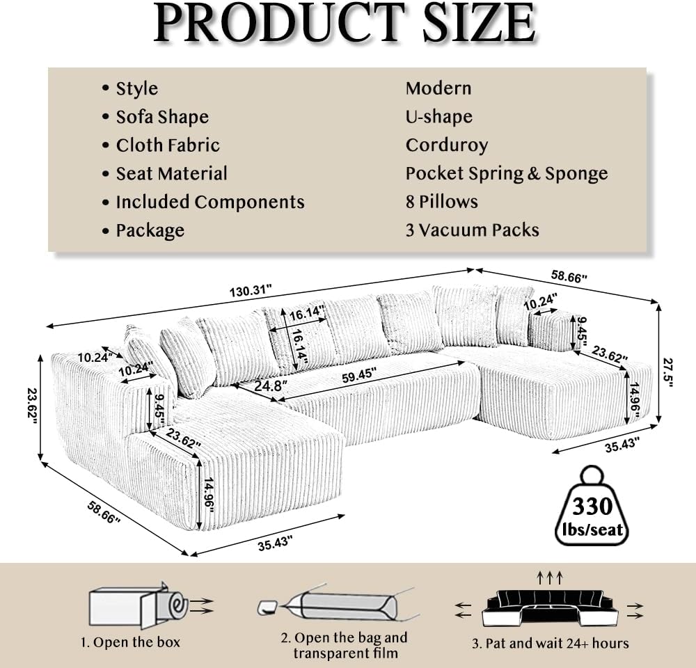 130'' Modular Sectional Sofa, Double Chaise Lounge, U Shape Sectiona Couches, Modern Minimalist Cloud Sofa, 8 Pillows