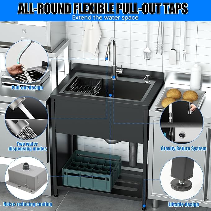 Stainless Steel Utility Sink, 36.6" × 24.2" × 36.6"Freestanding Sink with Cold and Hot Water Faucet,Hoses and Drain Kit for Kitchens, Bathrooms