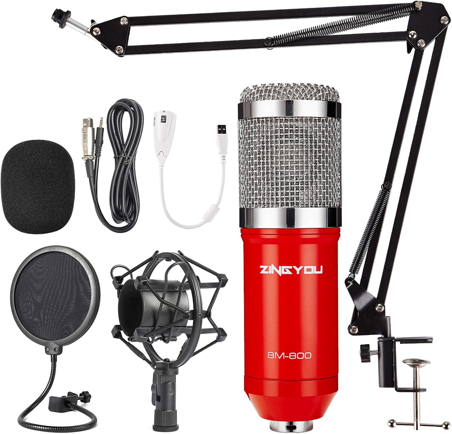 ZINGYOU Condenser Microphone Bundle, BM-800 Mic Kit with Adjustable Mic Suspension Scissor Arm