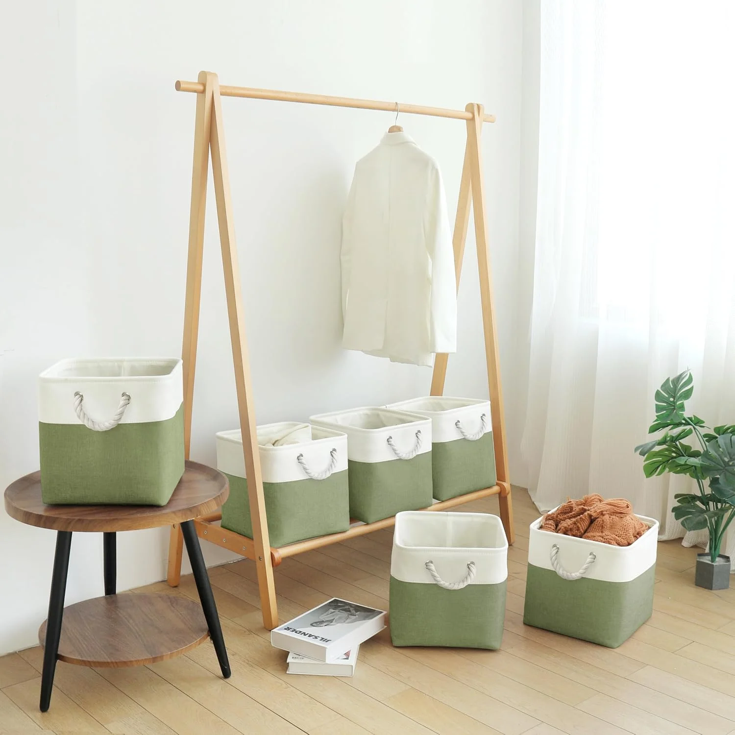 Fabric Cubes Storage Basket, 6 Pack 11x11 in with Handles Foldable Cube Storage Bins, for Shelves, Home, Office, Nursery Organizers (White/ Green)