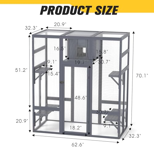 COZIWOW 70Inches Large Stable Spacious Wooden Catio Outdoor Cat Enclosure with Perches and Condos, Cat Cage Indoor with Waterproof Roof