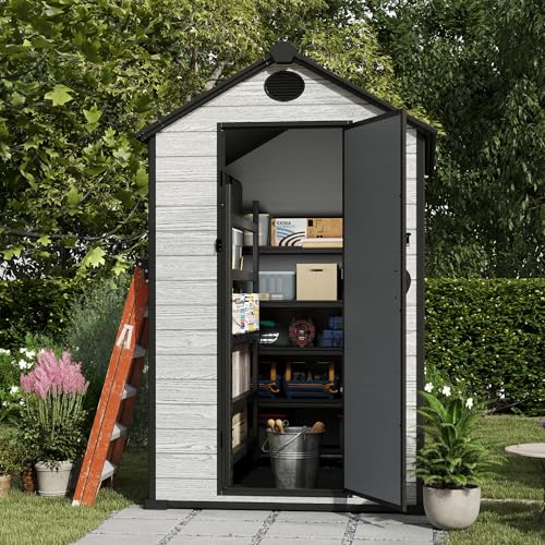 4.4x6 FT Resin Outdoor Storage Shed, 230 Cuft Garden Tool Sheds & Outdoor Storage Plastic Shed with Floor