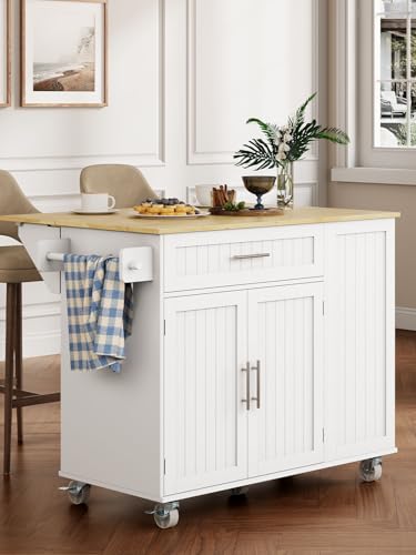 Kitchen Island with Storage, 31.5" D Rolling Kitchen Island Cart on Wheels with Widen Drop Leaf Rubberwood Top