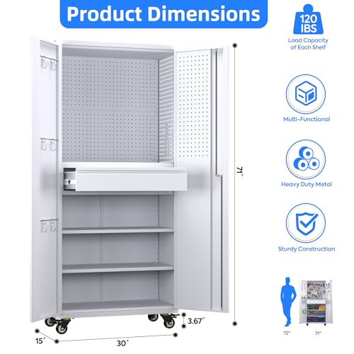 Garage Storage Cabinet with Wheels & Pegboard, 72" H Locking Metal Storage Cabinet with Doors and 4 Adjustable Shelves for Garage Workshop Home