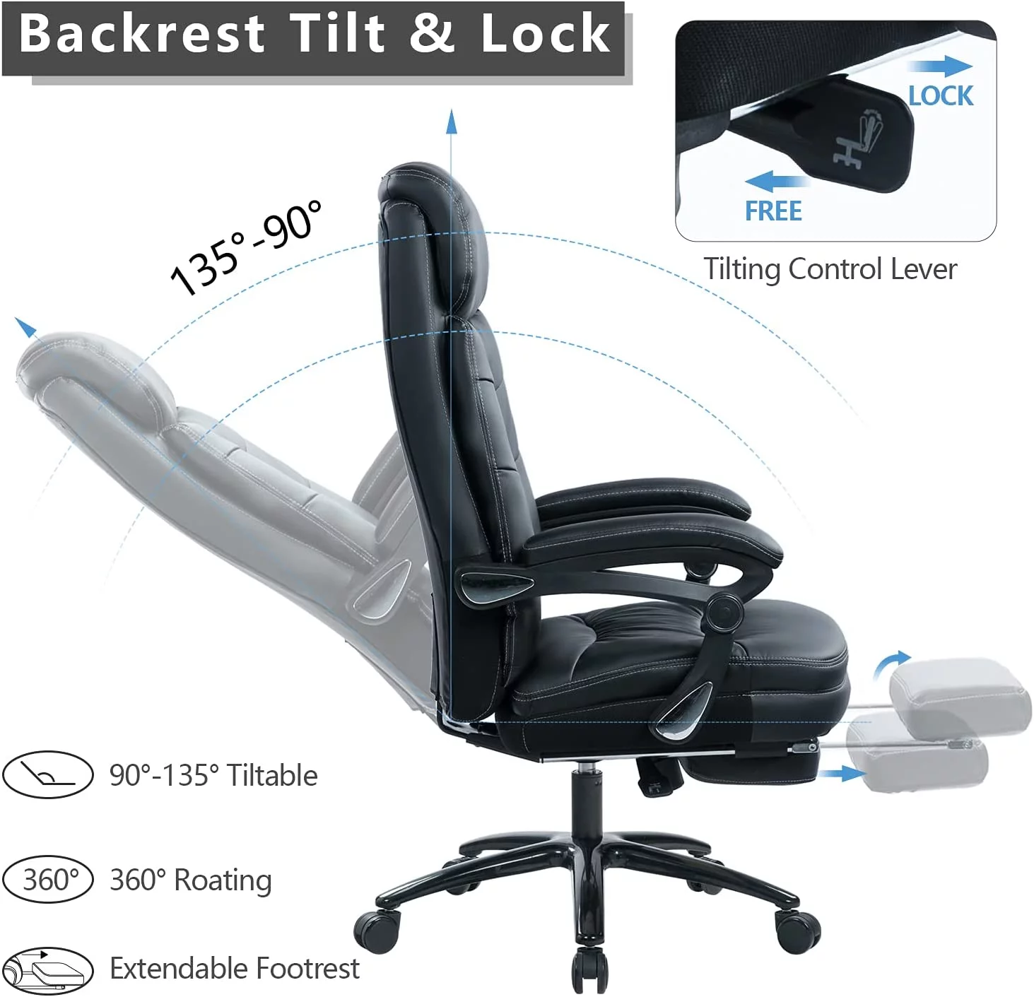 Managerial and Executive Chair with Foot Rest, 400lbs Big and Tall Office Chair with Reclining Function,Office Chair for Heavy People