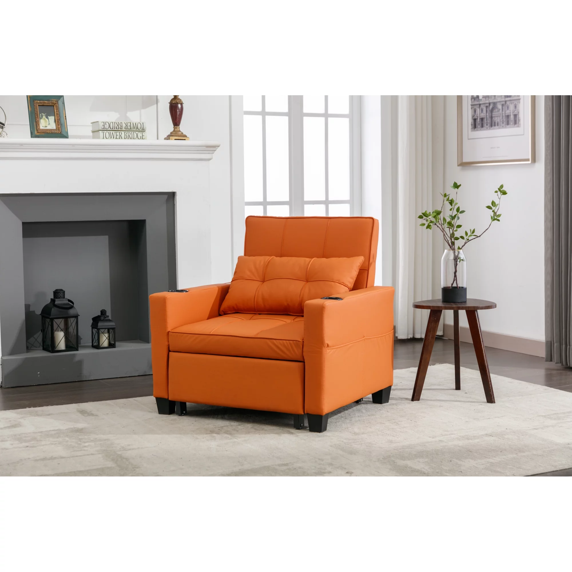 Futon Chair Bed Convertible Chair 3-in-1 Pull Out Sleeper Chair Beds with USB Ports, Armchair Bed Sleeper for Living Room (Orange Leather)