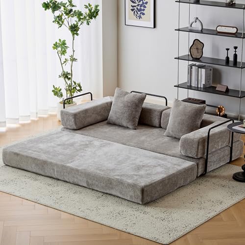 Convertible Sleeper Sofa Bed with Cylindrical Pillow, Corduroy Folding Mattress Couch with Fixed-Shape Frame