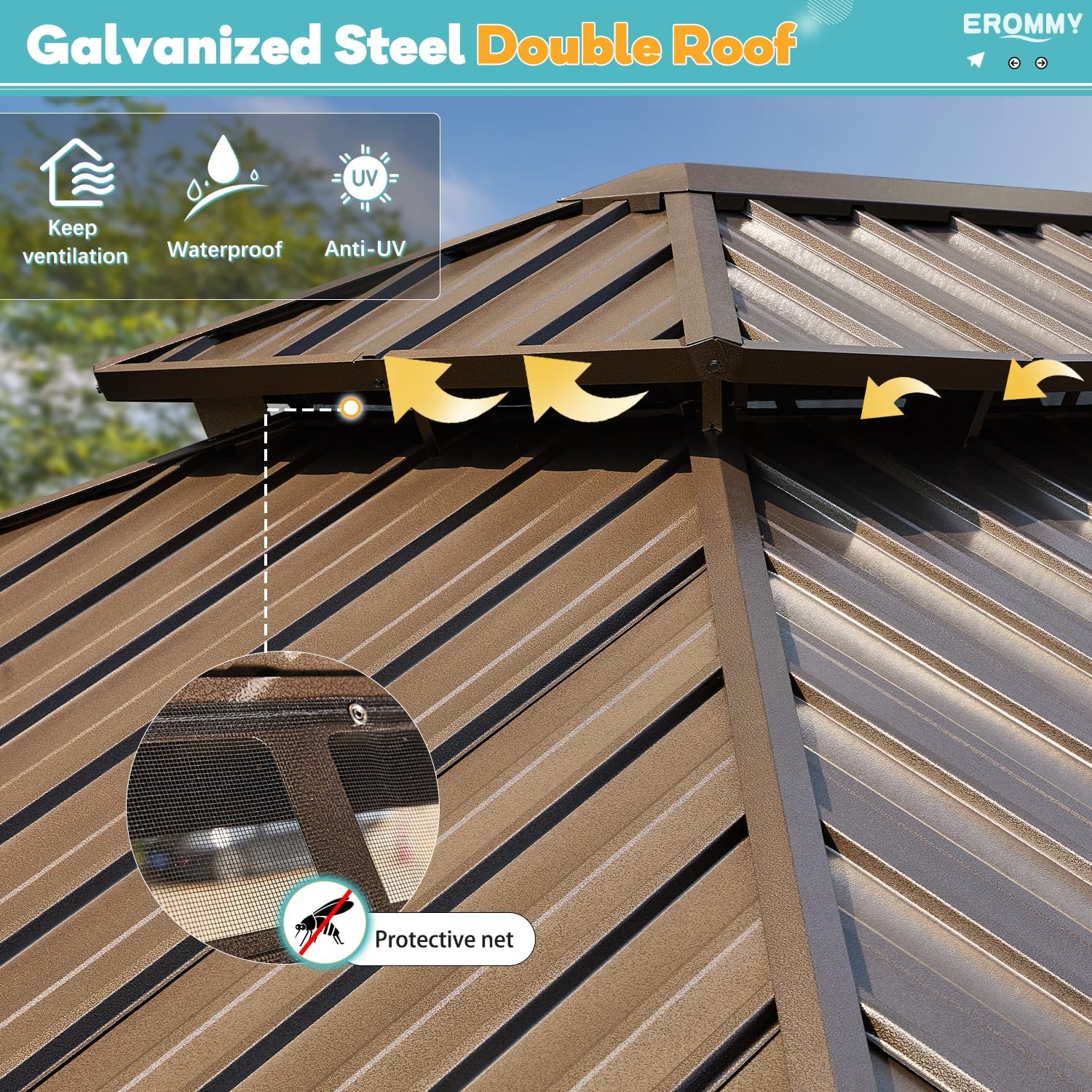 EROMMY 10'x12' Gazebo Hardtop, Galvanized Steel Double Roof Metal Gazebo with Aluminum Frame