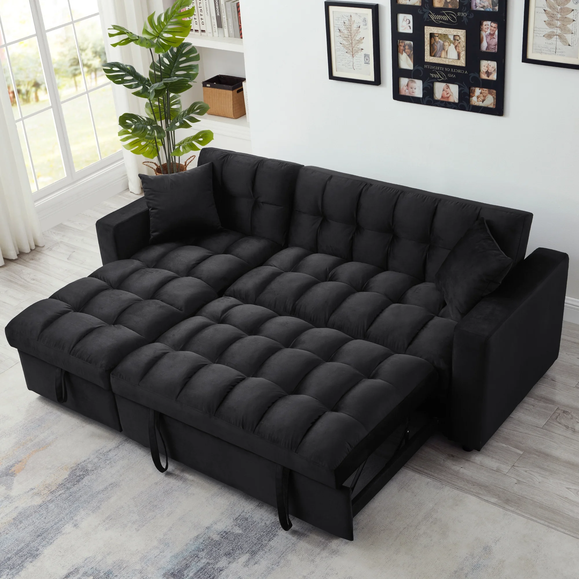 Muumblus 84" Convertible Sofa Bed, Pull Out Sofa Bed, Modern Tufted Sectional Sleeper Sofa with Storage Chaise, L Shaped Sofa Couch for Living Room