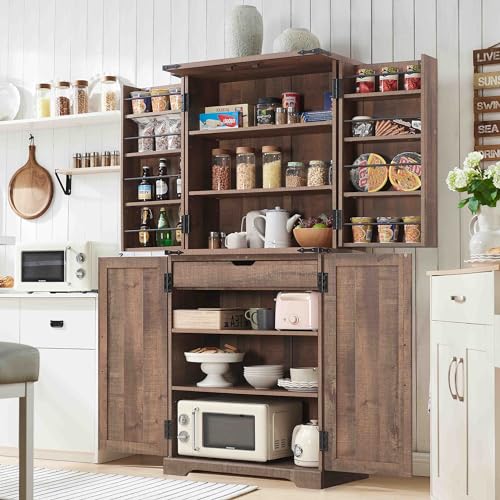 72" Tall Kitchen Pantry, Farmhouse Storage Cabinet with Barn Doors, Organizer, Drawer and Adjustable Shelves, Rustic Wood Cupboard for Kitchen