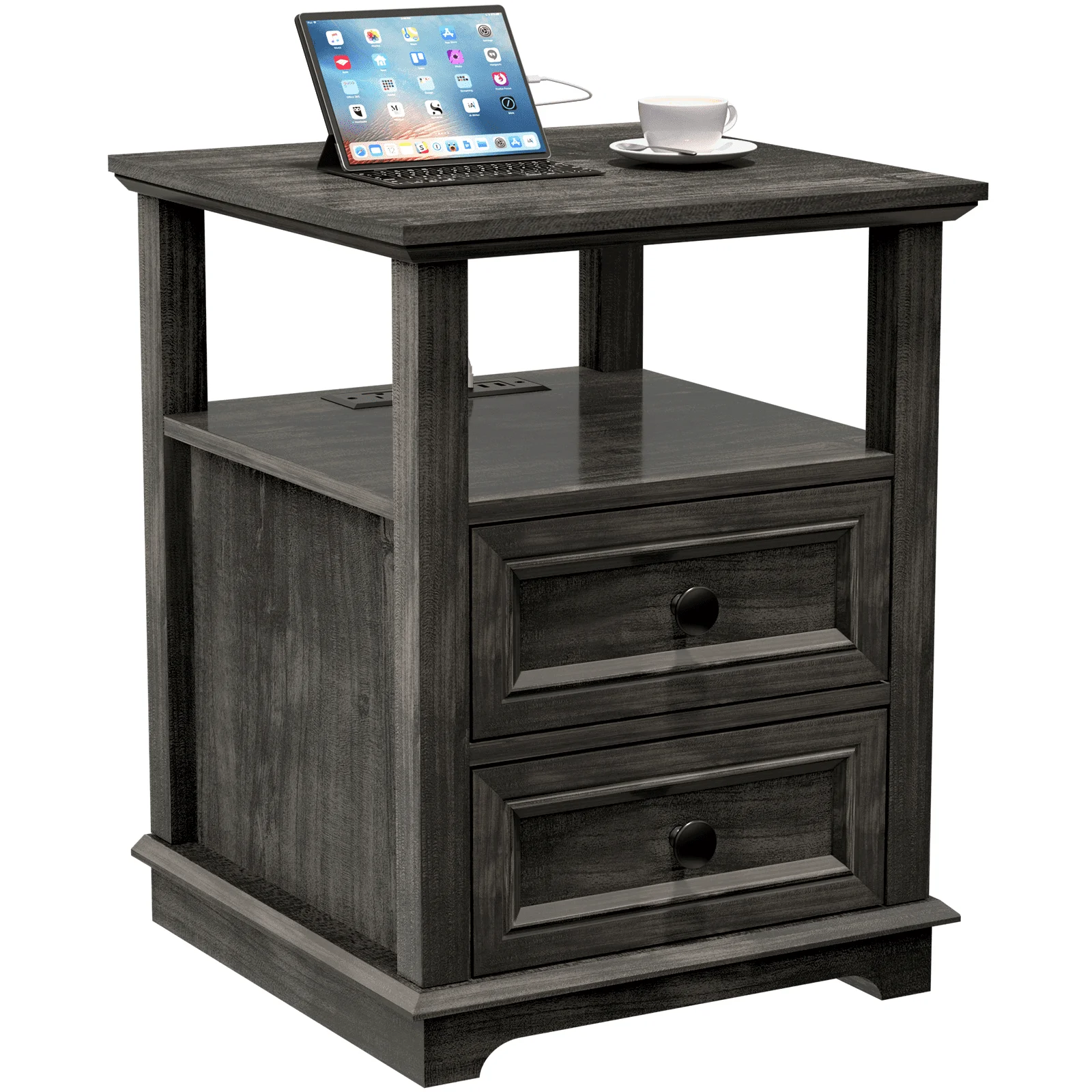 24” Tall End Table with Fast USB C Charging Station,Sofa Side Table with 2 Drawers, Large Storage Rustic Wood Square Storage Cabinet for Living Room